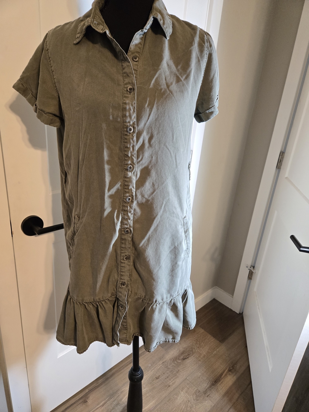 Velvet Heart Olive Green Tencel Ruffle Hem Shirt Dress XS